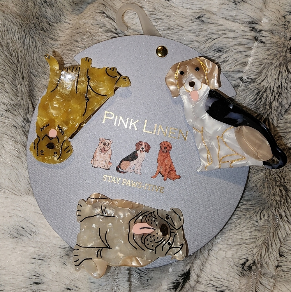 NWT Pink Linen Stay Paws-itive dog hair clips:beagle, bulldog & golden retriever